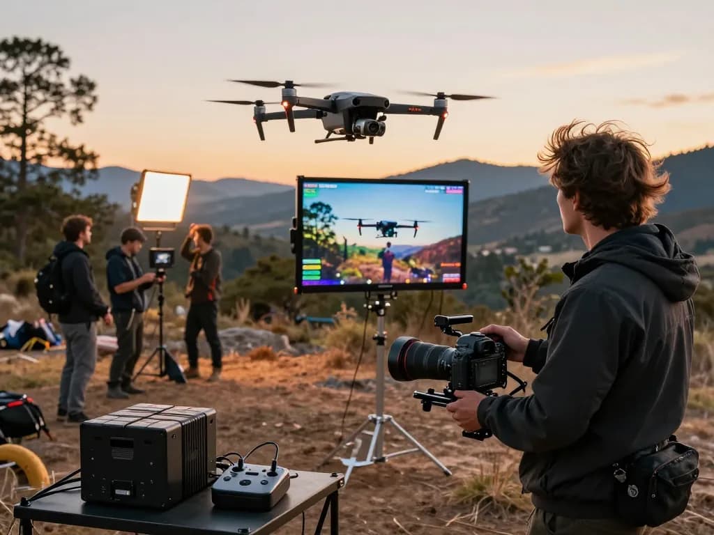 Operating a drone professionale at an outdoor film set with crew and scenic landscape.