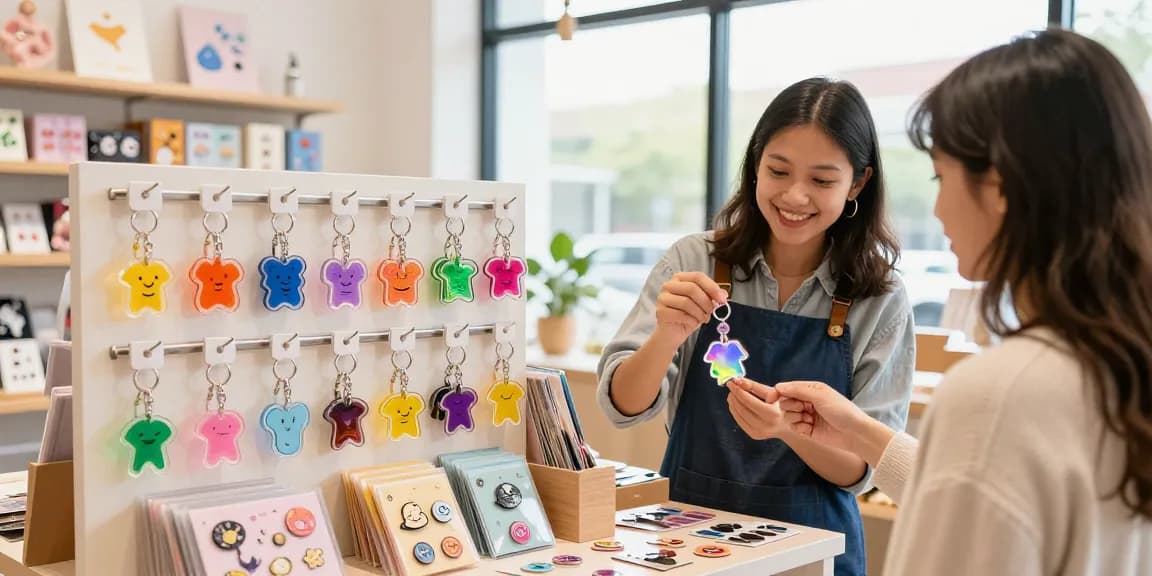 Custom acrylic keychain display in a vibrant shop setting with diverse designs.