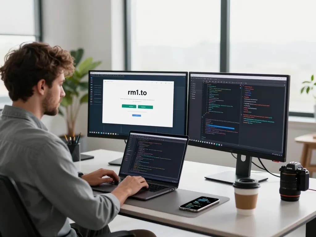 Developer accessing rm1.to login on multiple screens in a modern tech workspace.