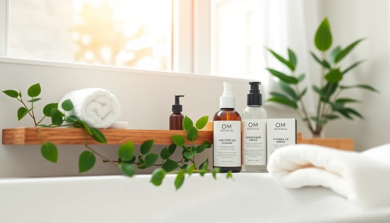 Microbiome friendly skincare products displayed in a serene bathroom setting with natural light and greenery.