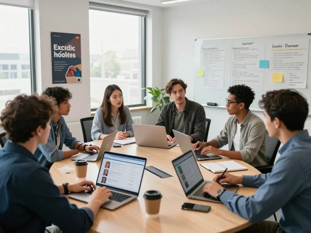 Diverse recruitment team collaborating on hiring strategies at search firms in a modern office.