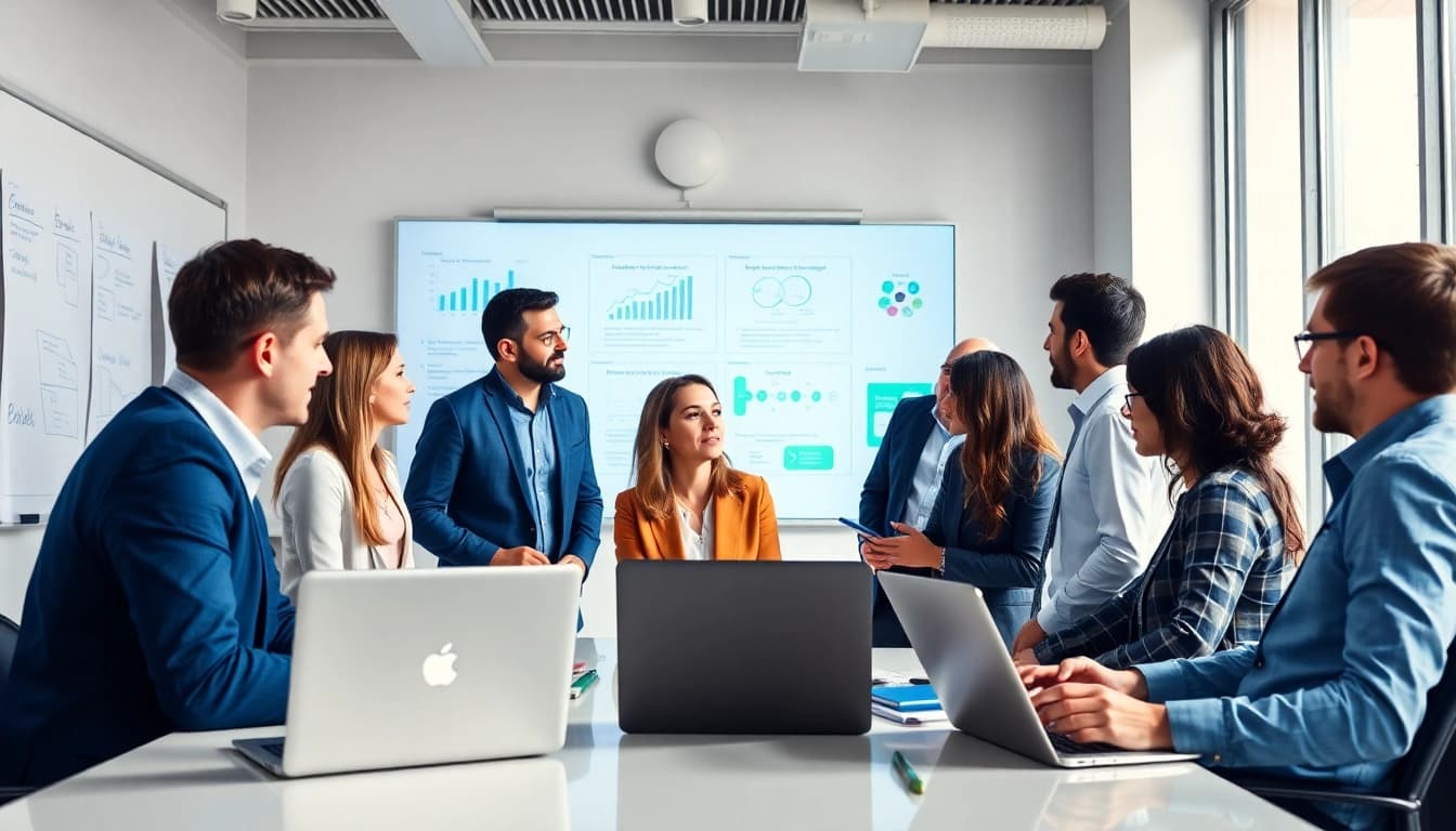 Engaged team working on Strategy Capture Management in a modern office setting.