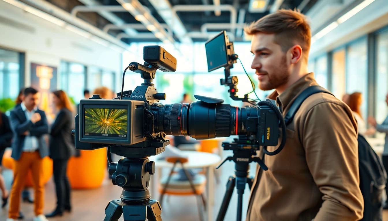 Engaged scene of commercial videography in action featuring a professional videographer.
