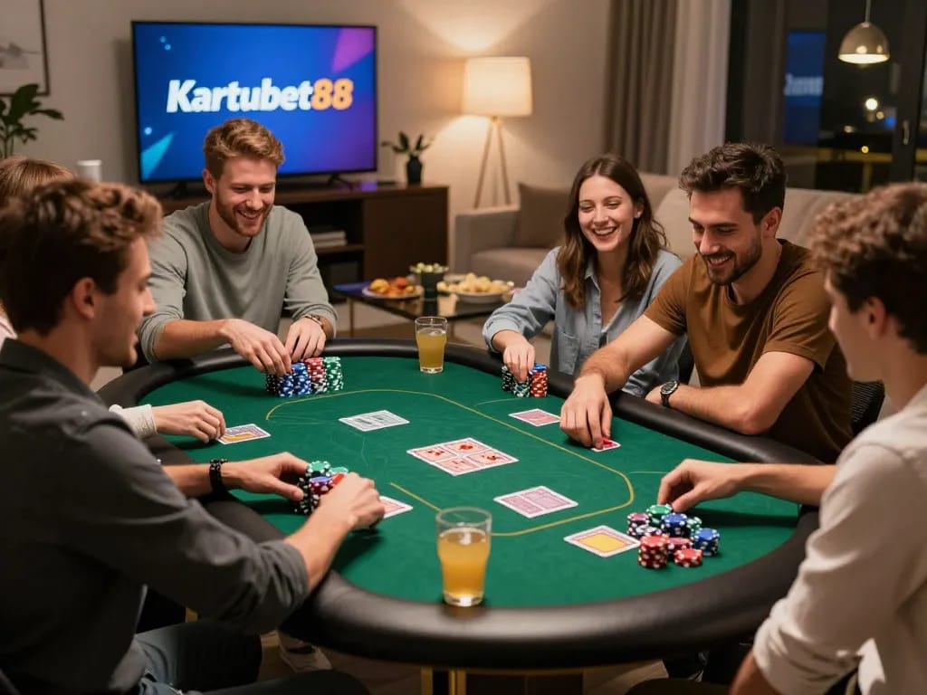 Exciting gaming night with friends featuring Kartubet88 and poker chips in a cozy living room.