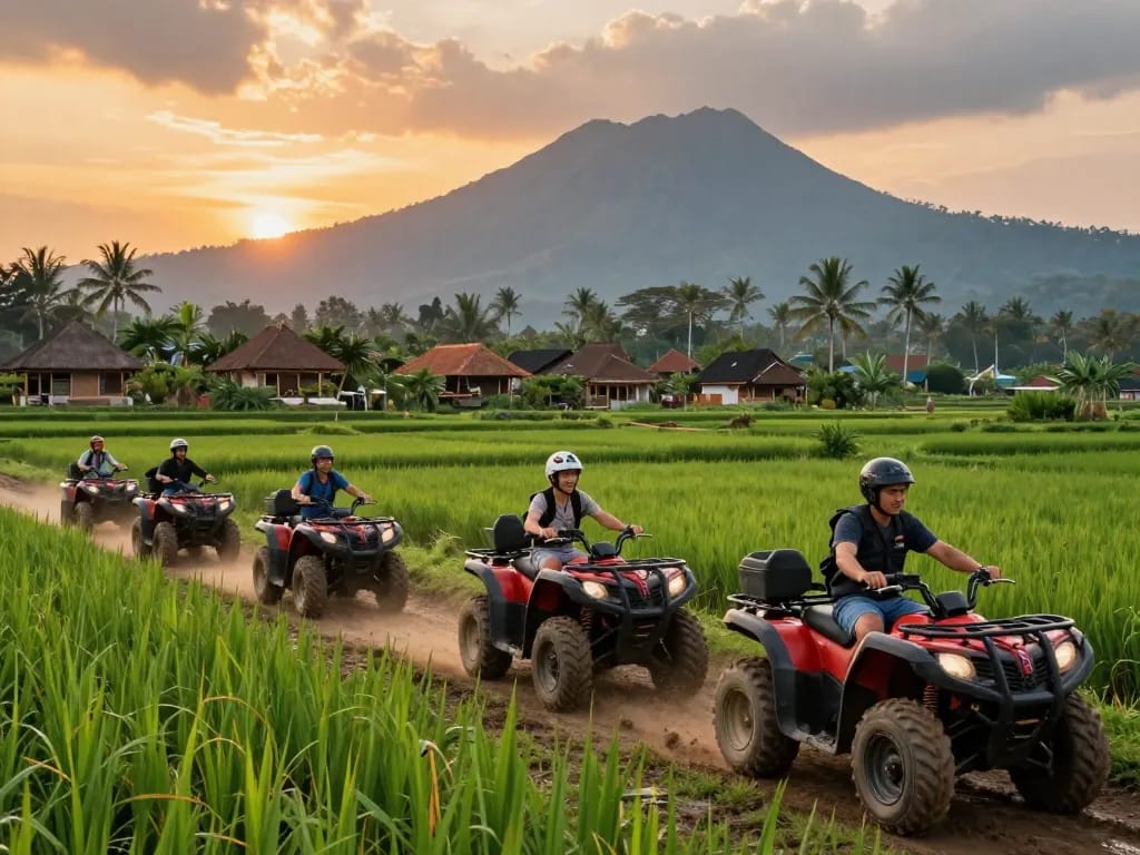 Explore Bali tour packages with thrilling ATV adventures through jungles and rice fields during sunset.