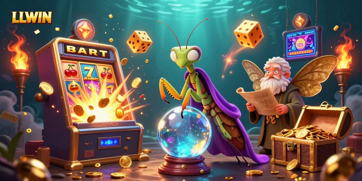 LLWIN introduces exciting slot games with a whimsical fortune teller and moth librarian in a vibrant casino atmosphere.