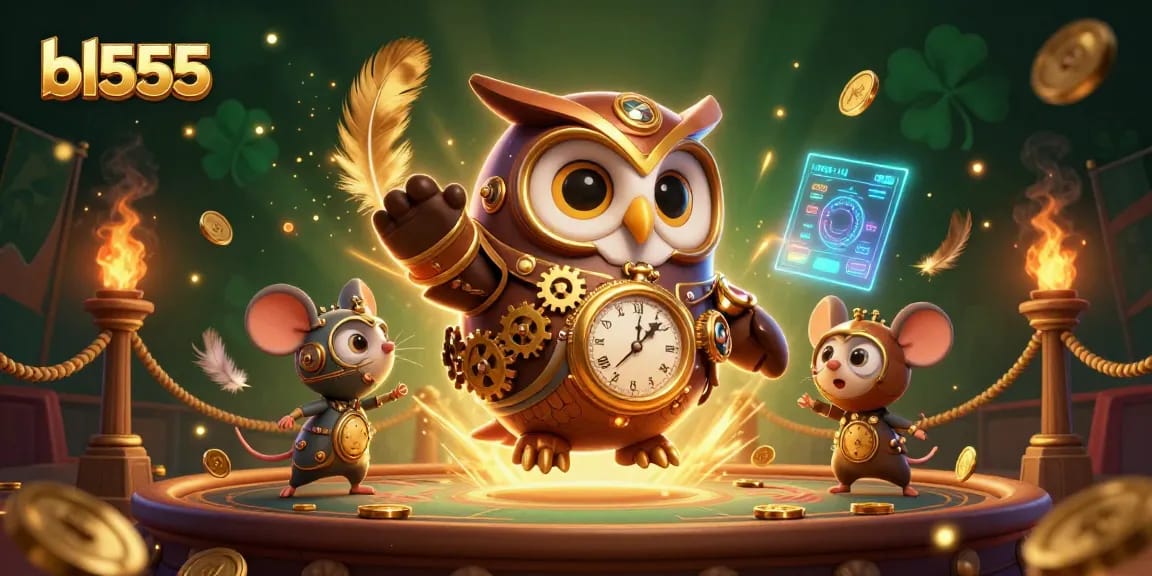Experience thrilling gaming adventures with bl555's steampunk owl and dazzling casino elements.