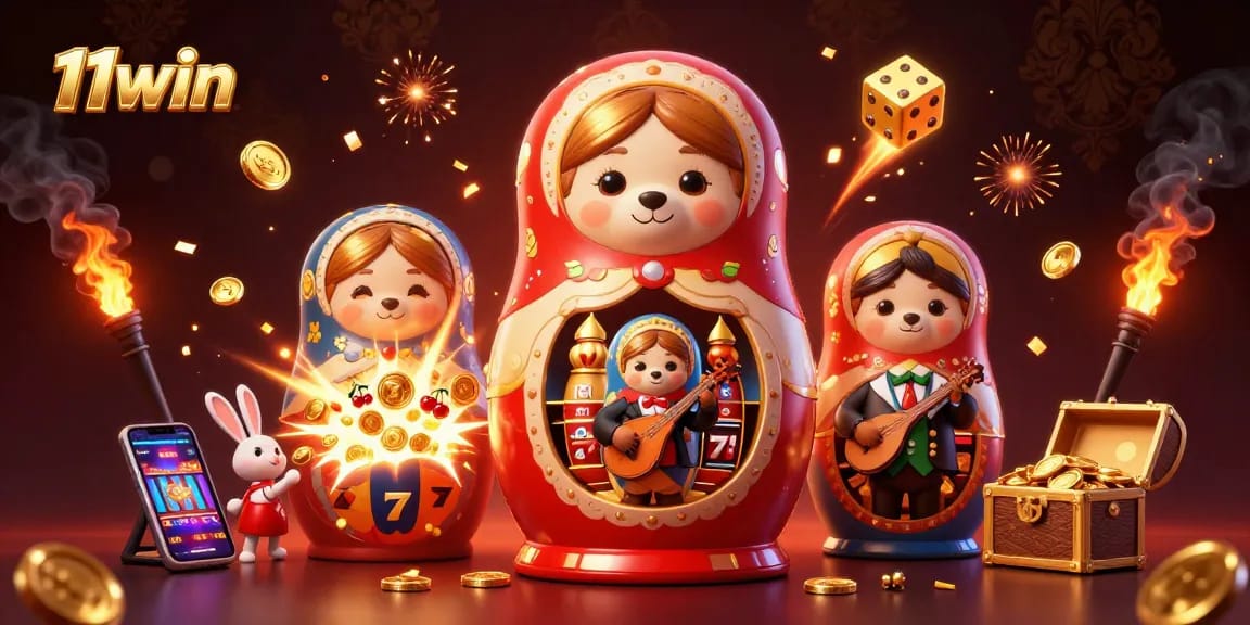 Engage with 11win's vibrant casino scene showcasing a colorful slot machine and charming bears.