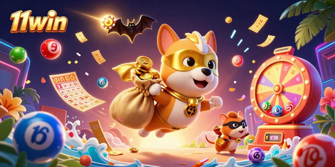 11win elevates excitement with a dynamic gaming scene featuring a superhero dog and animated lottery elements.