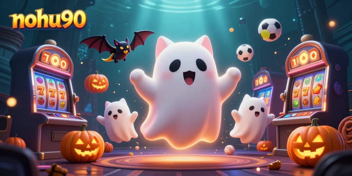 Nohu90's ghost cat wins big at the casino, showcasing vibrant slot machines and energetic sports elements.
