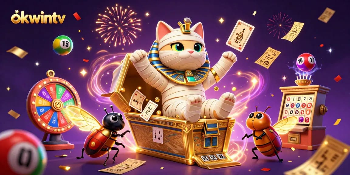 Experience the excitement of okwintv with dynamic lottery balls and colorful prizes in a vibrant casino scene.