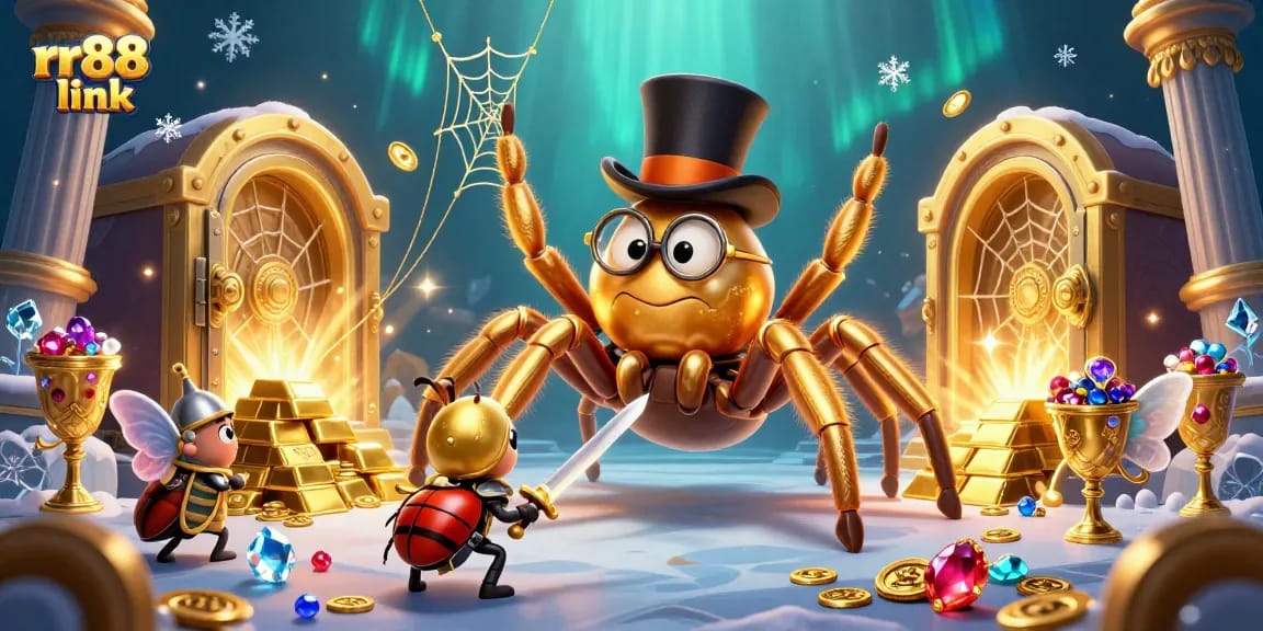 Experience the thrilling rr88 link casino world with a golden spider and knight battling treasures.