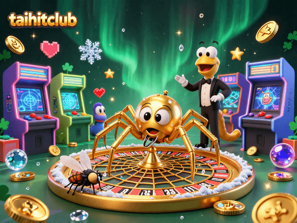 Experience excitement at taihitclub with a golden spider spinning a roulette web while a nervous fly bets.