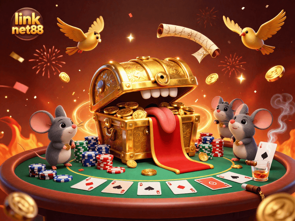 Experience thrill at link net88 with a treasure chest mimic drawing adventurer mice to the poker table.