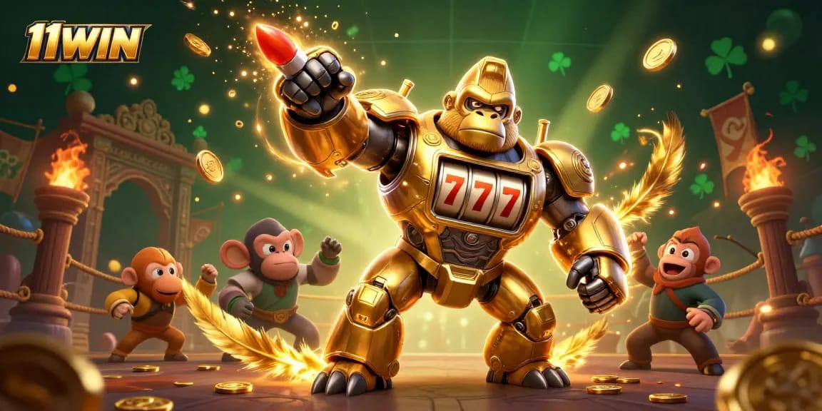 Engage with 11WIN’s exceptional gaming experience showcasing a golden gorilla mech amidst vibrant casino action.