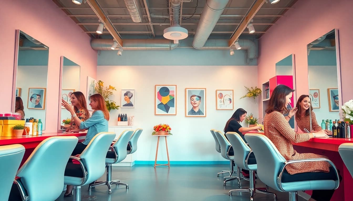 Damefrisør salon interior showcasing stylish haircuts and vibrant decor, inviting a fashionable atmosphere.