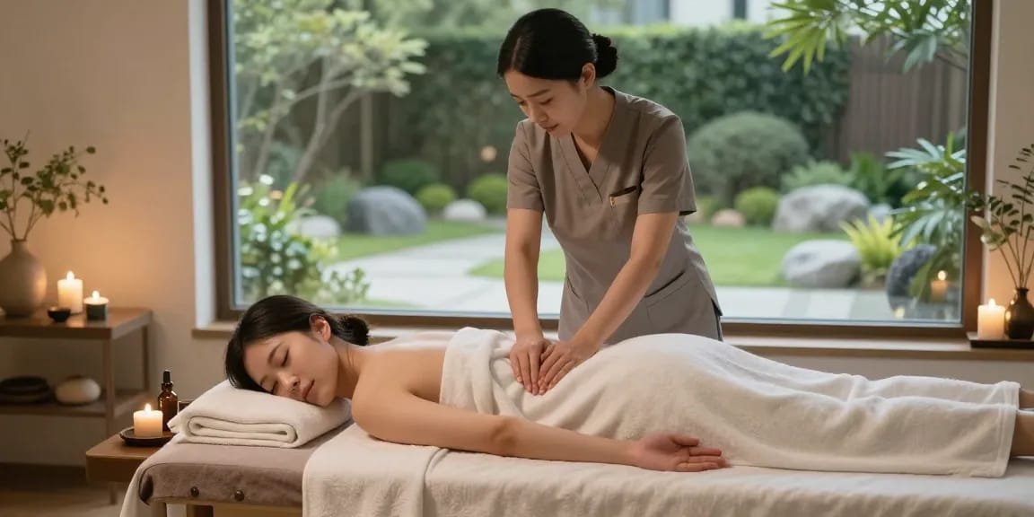 Experience a calming 시흥출장마사지 in a soothing spa with aromatic candles and tranquil setting.