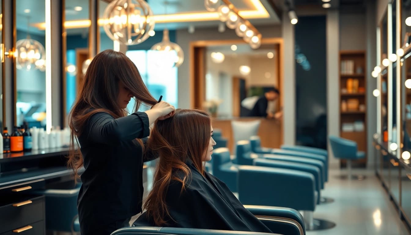 Best salons in city showcasing a stylist working with a client in a modern, vibrant salon environment.