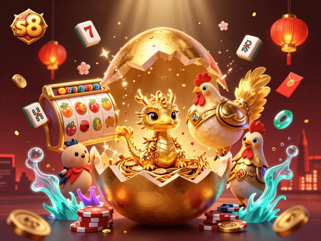 Engage in thrilling gameplay at s8 with an enchanting golden egg revealing a dragon amidst vibrant casino elements.