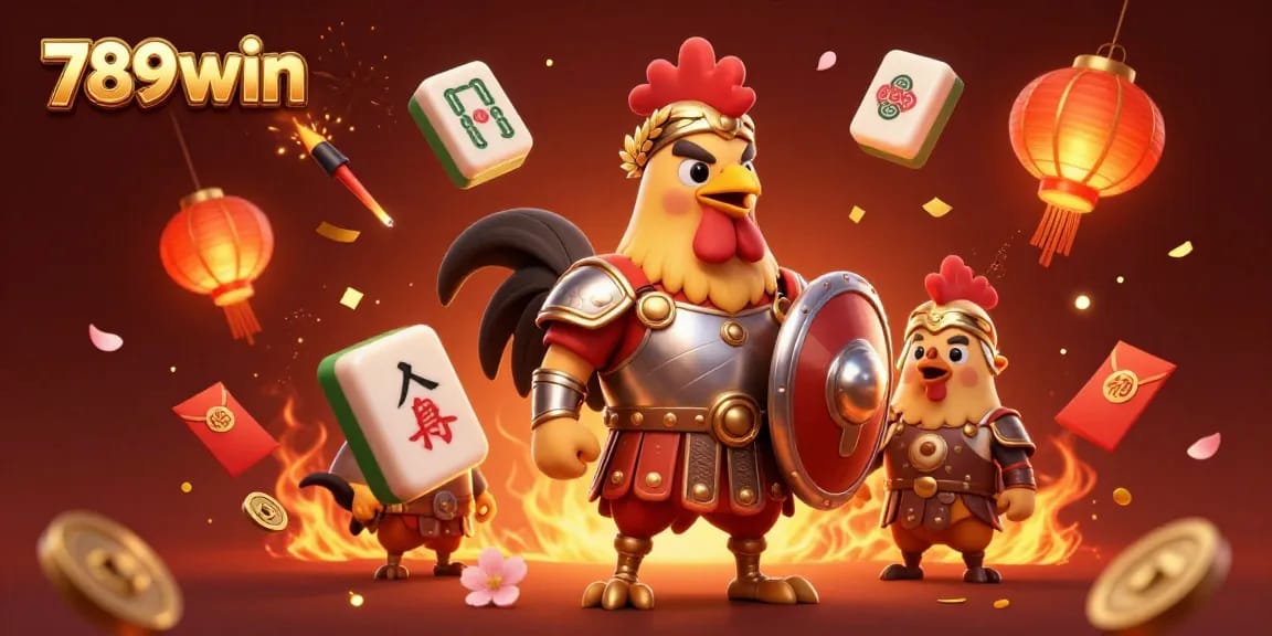 Join the exciting action at 789win, featuring a gladiator rooster in a vibrant arena surrounded by festive game elements.