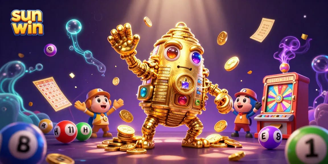 Engage with the thrilling sun win experience featuring a shimmering golden golem and dynamic lottery elements.