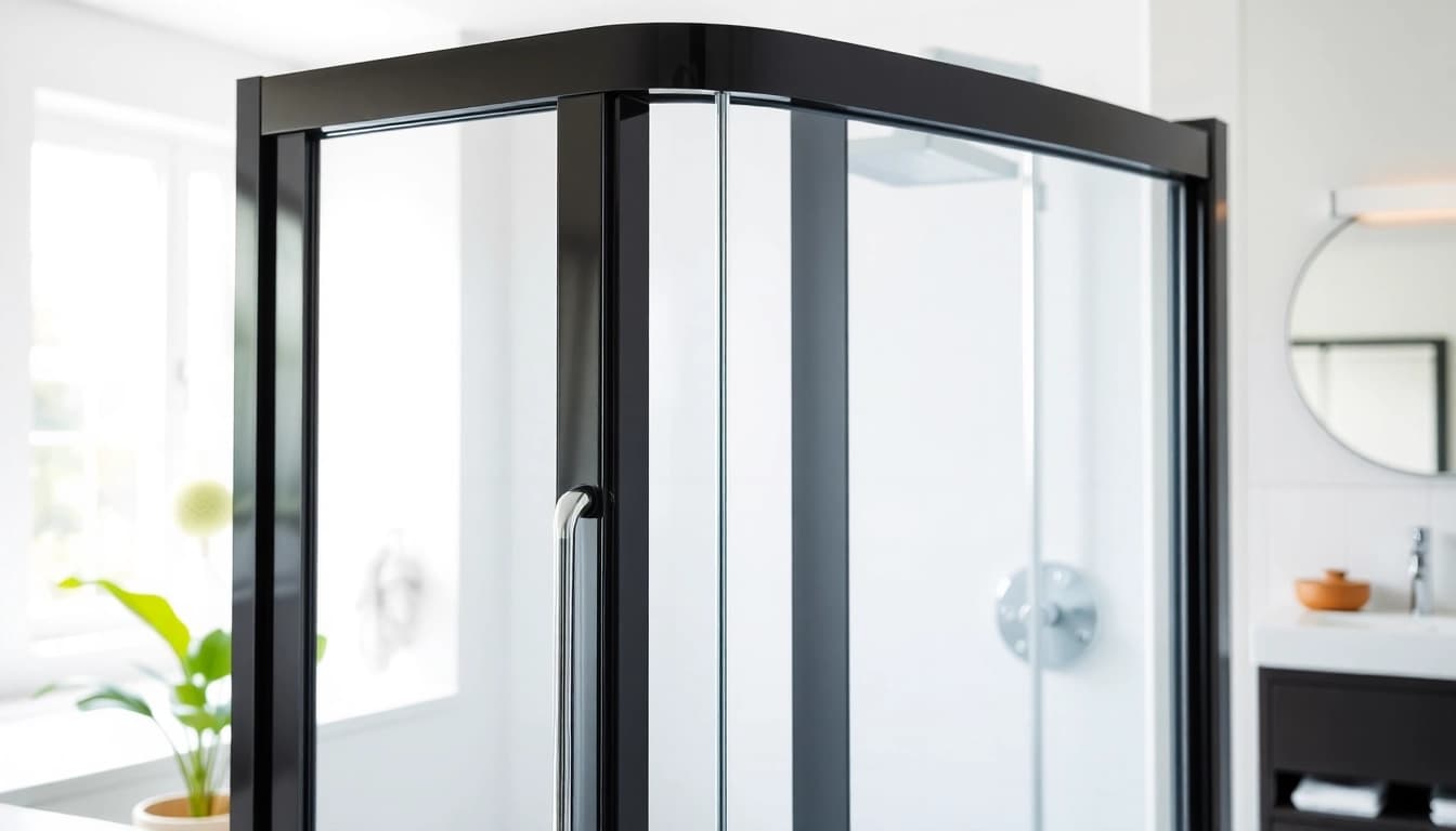 A modern black shower door enhances a stylish bathroom with elegant chrome fixtures, combining sophistication and functionality.