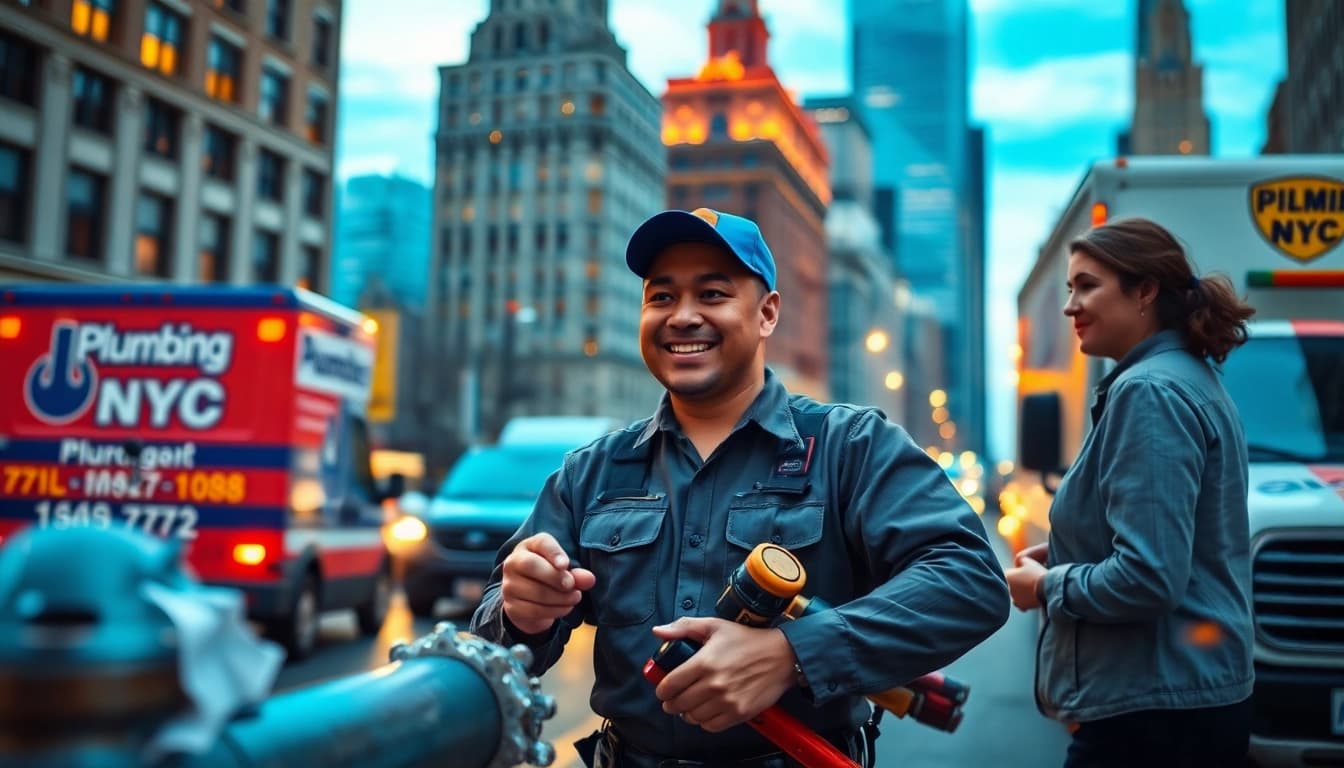 Professional emergency plumber Manhattan addressing a plumbing crisis in NYC at dusk.