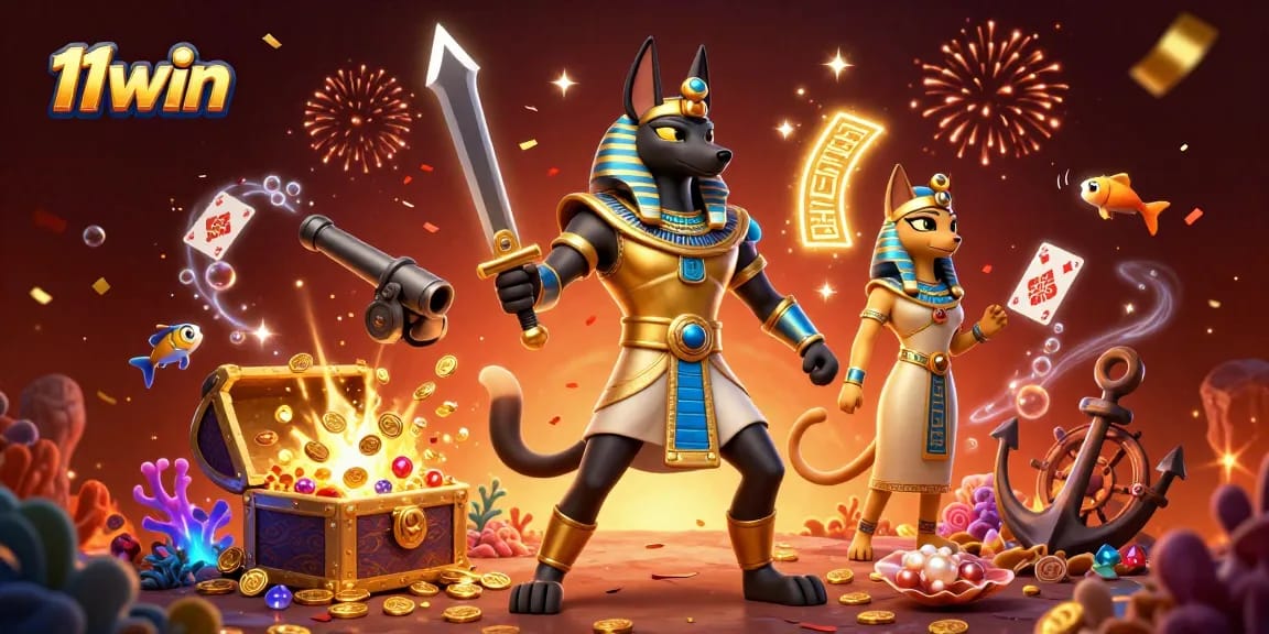 Immerse in the 11win universe with Anubis and Bastet amidst explosive treasures and casino elements.