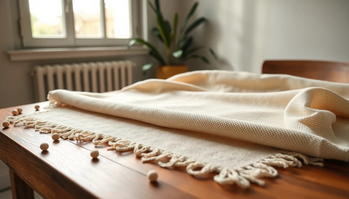 Katoen stof met rijke textuur op een houten tafel, sfeervol belicht door natuurlijk licht.