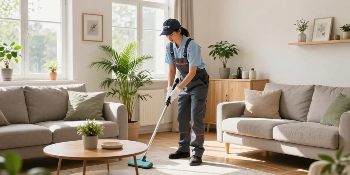 Professional cleaner from putzinstitute bern organizing a bright living room for a clean and inviting home.