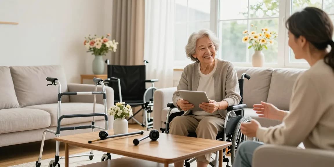 Buy mobility aids: elderly person exploring options on tablet in a cozy living room.