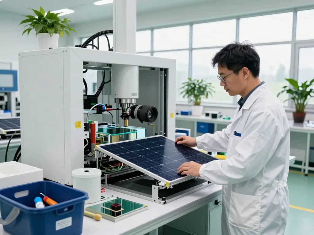 Technician recycling solar modules with advanced technology focusing on Recycling von Solarmodulen.