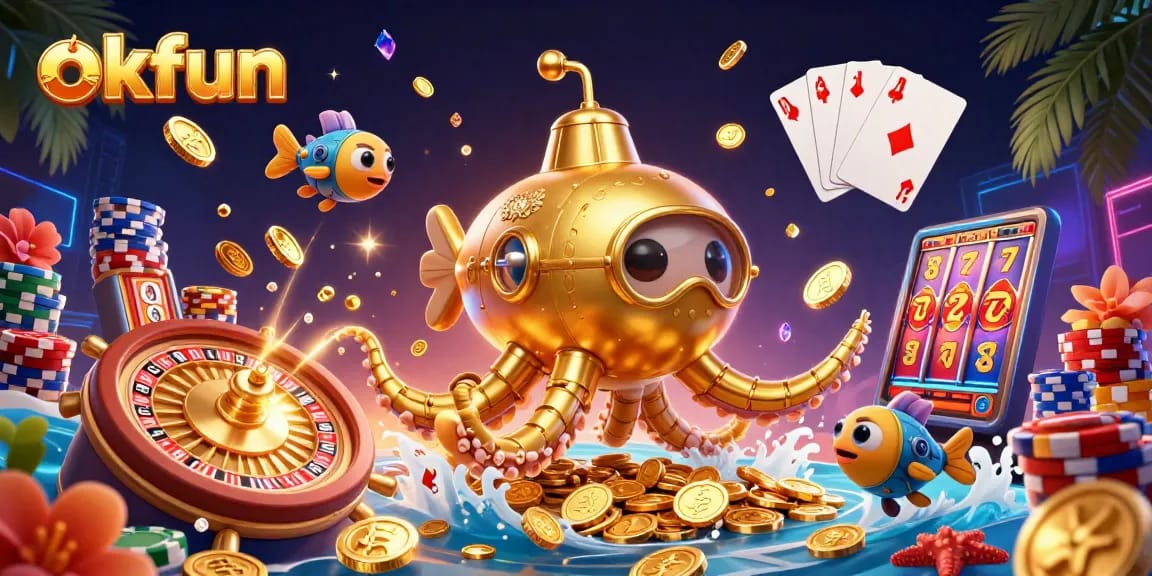 Bet big with okfun while the golden kraken submarine bursts from a sea of coins.