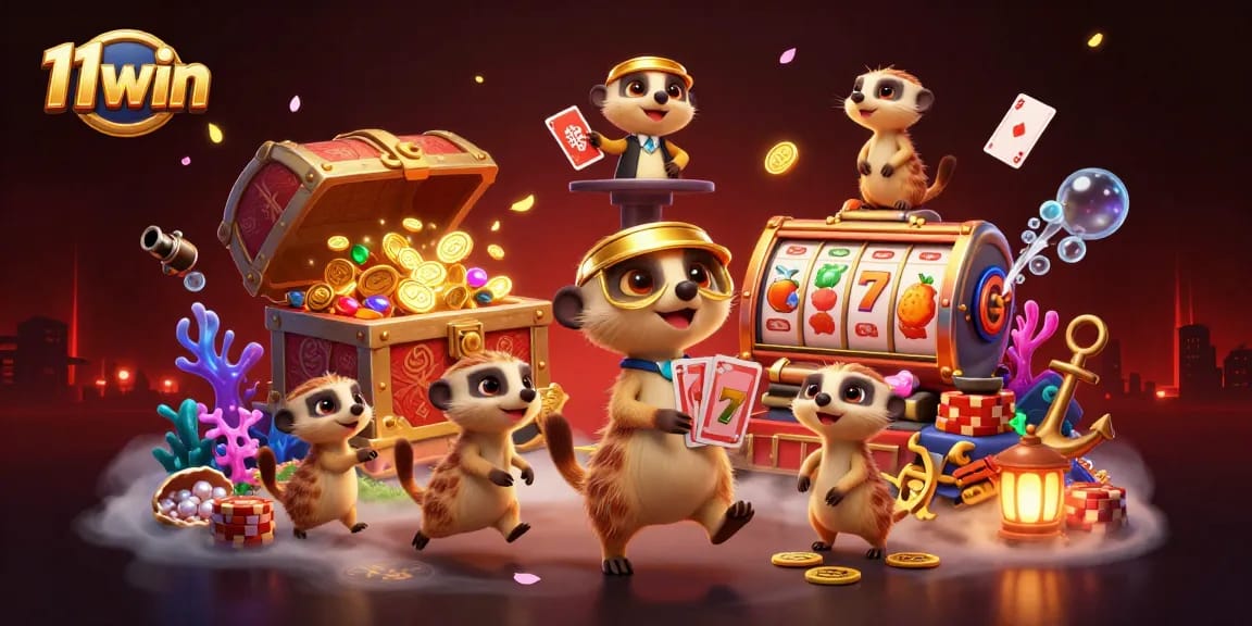 Engage with 11win's thrilling casino scene featuring charming meerkats in action.