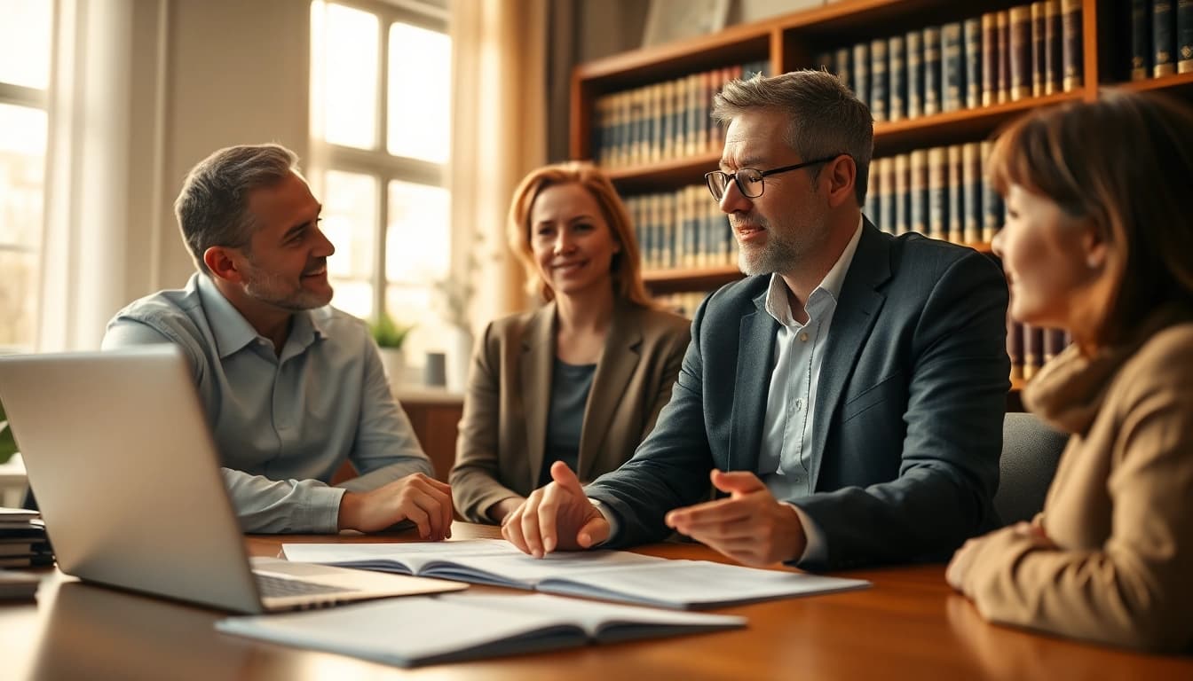Enduring Guardian legal advisor guiding a family in an office setting, emphasizing trust and support.