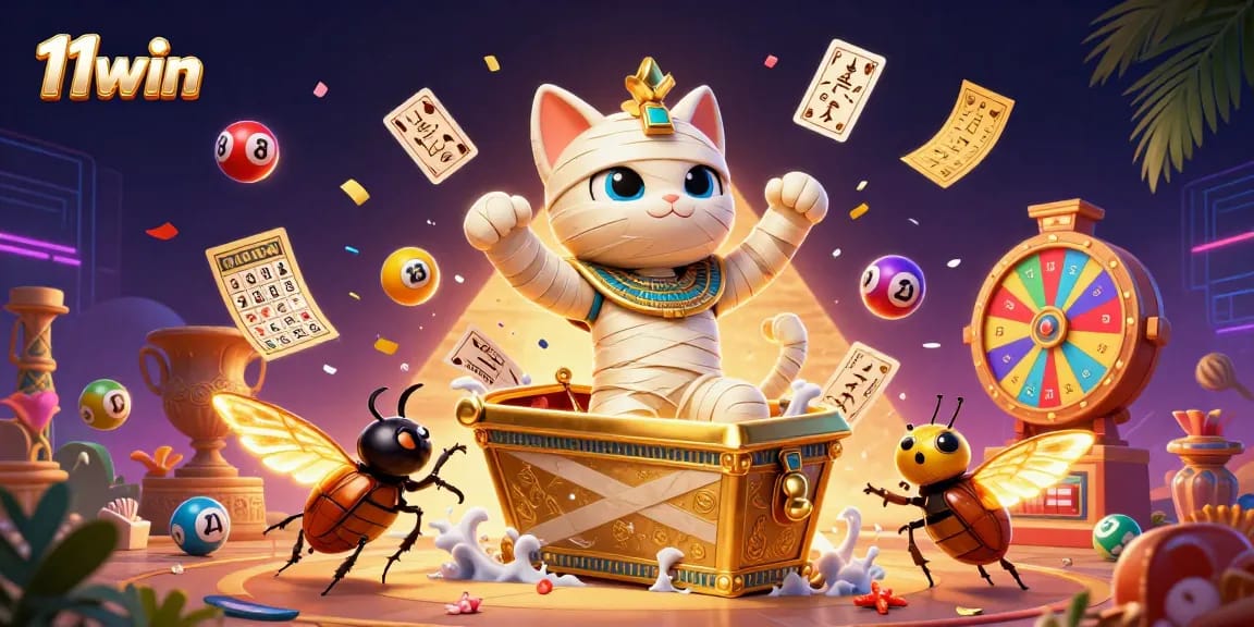 11win casino illustration featuring a mummy cat and glowing scarab in a vibrant gaming scene.