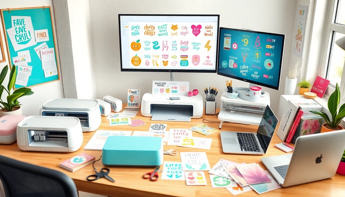 Beautiful workspace showcasing colorful design bundles SVG for crafters with Cricut machines and crafting tools.