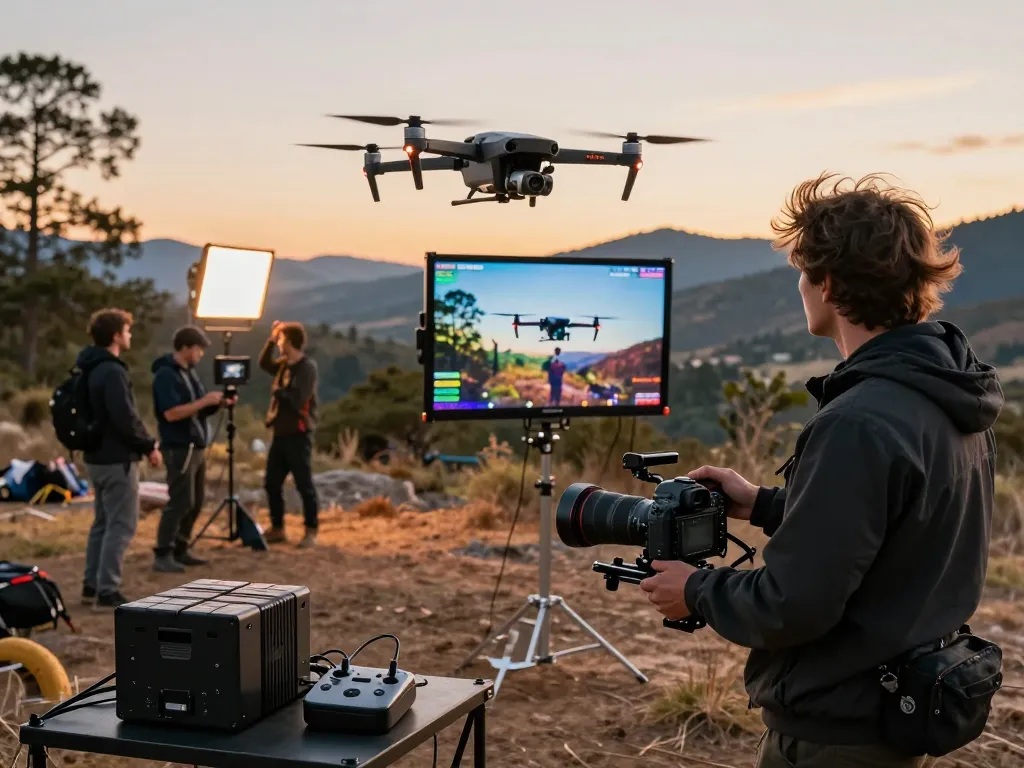 Operating a drone professionale at an outdoor film set with crew and scenic landscape.