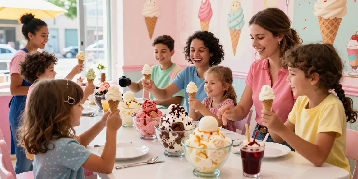 Family enjoying vibrant ice cream creations at rokok88 parlor on a sunny day.