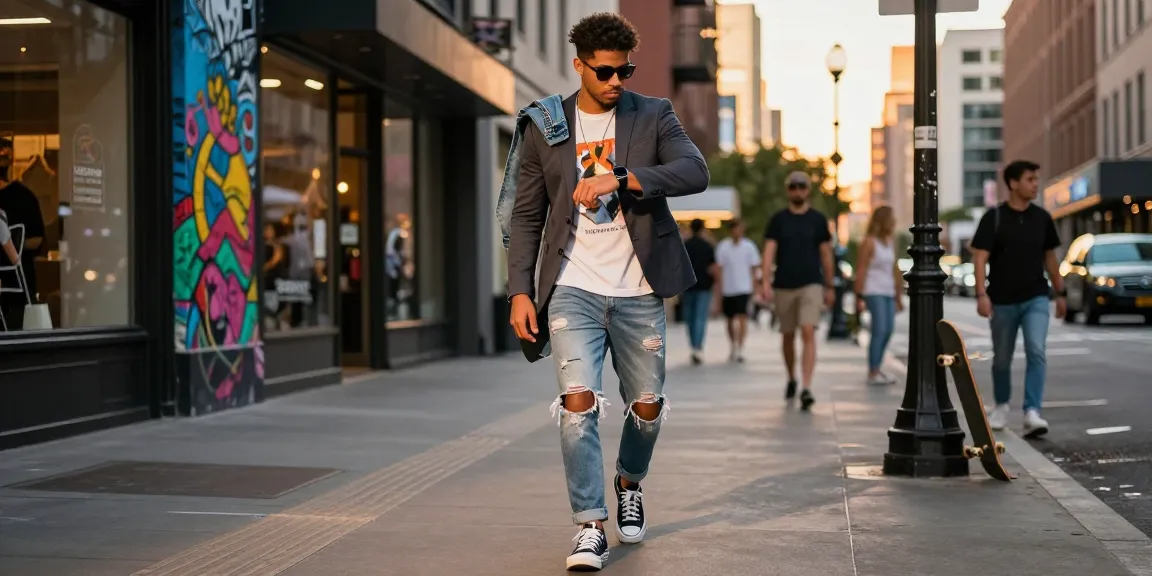 Stylish man in men's fashion outfit walking in a vibrant city street, showcasing contemporary trends.