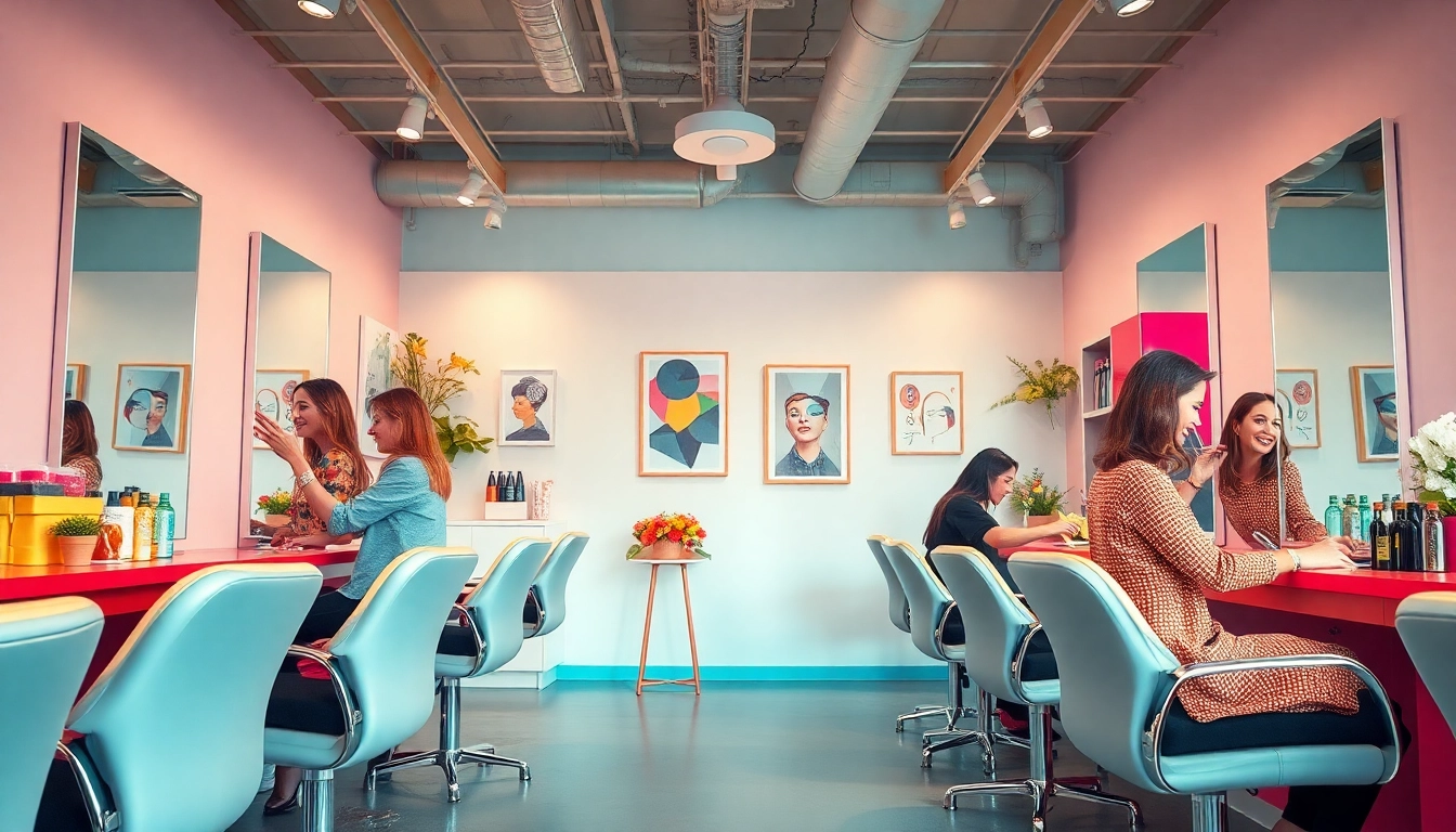 Damefrisør salon interior showcasing stylish haircuts and vibrant decor, inviting a fashionable atmosphere.
