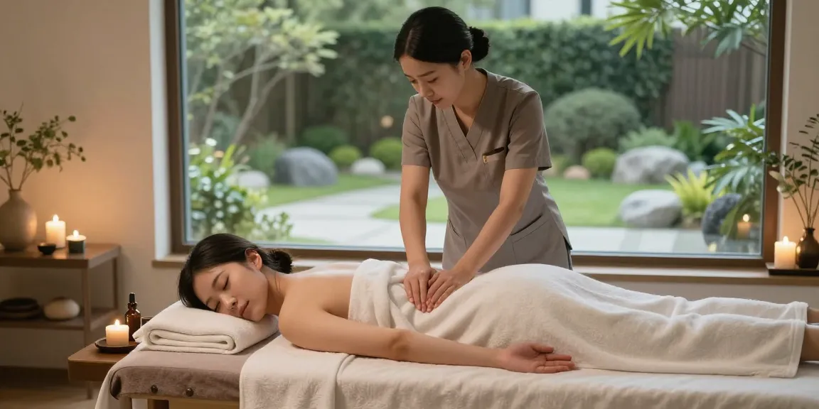 Experience a calming 시흥출장마사지 in a soothing spa with aromatic candles and tranquil setting.