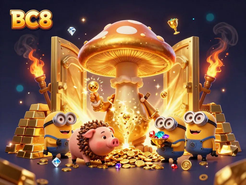 Experience fortune and excitement at BC8 with magical 3D characters and treasures overflowing in a vibrant casino scene.