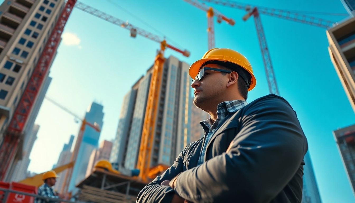 New York City Construction Manager supervising a dynamic construction site with cranes and workers.
