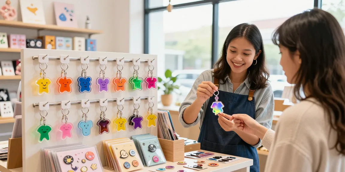 Custom acrylic keychain display in a vibrant shop setting with diverse designs.