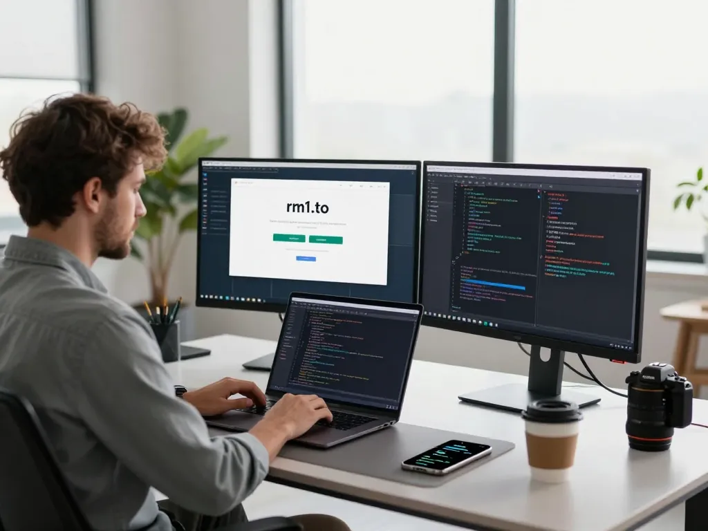 Developer accessing rm1.to login on multiple screens in a modern tech workspace.