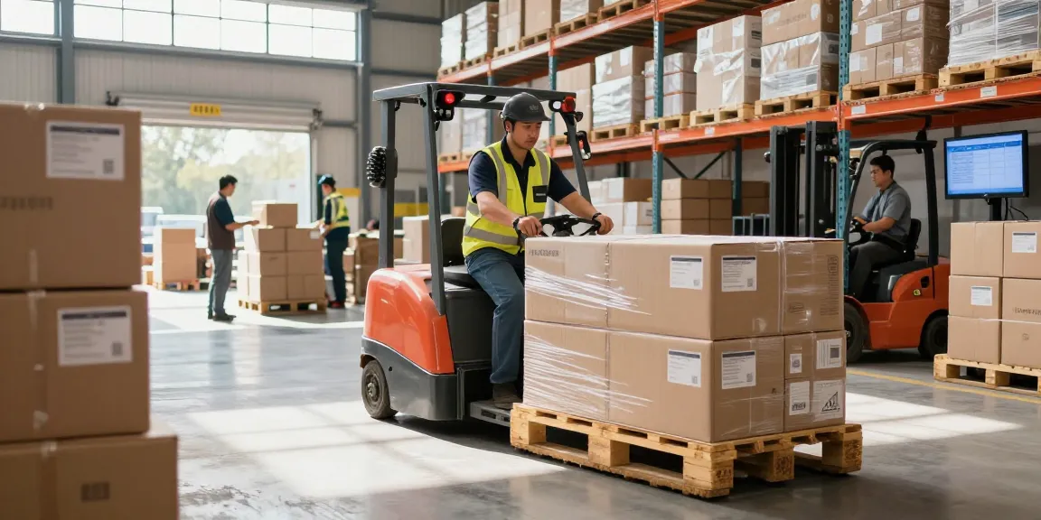 Efficient operator using a pallet truck for sale in a bustling warehouse environment with organized inventory.