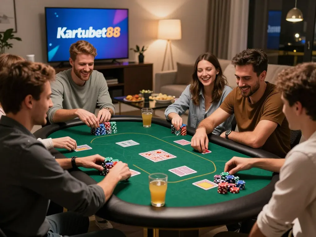 Exciting gaming night with friends featuring Kartubet88 and poker chips in a cozy living room.