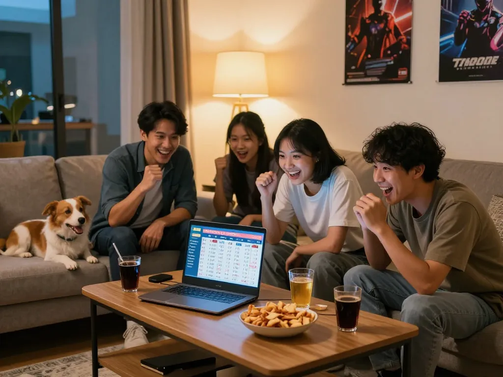 Teman-teman yang bersemangat menonton undian langsung Pengeluaran HK Lotto dalam suasana ruang tamu yang nyaman.