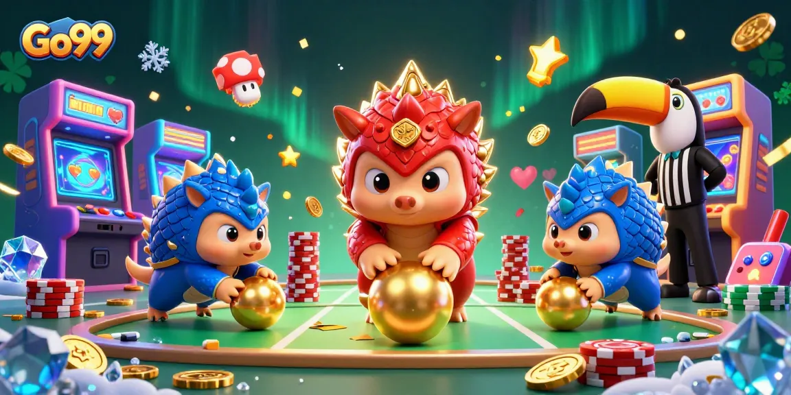 Engage in the thrilling Go99 gaming experience with rival pangolins rolling golden balls in a vibrant casino scene.